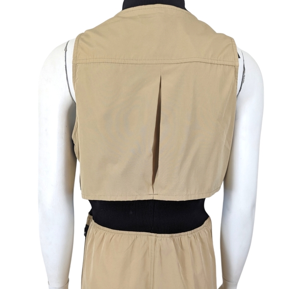 GSTQ 2 Way Zip Midi Dress NEW Womens Medium Beige Black Minimalist - Picture 8 of 14